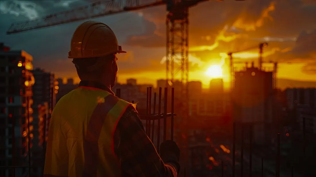 Engenheiro de capacete observa um canteiro de obras ao pôr do sol