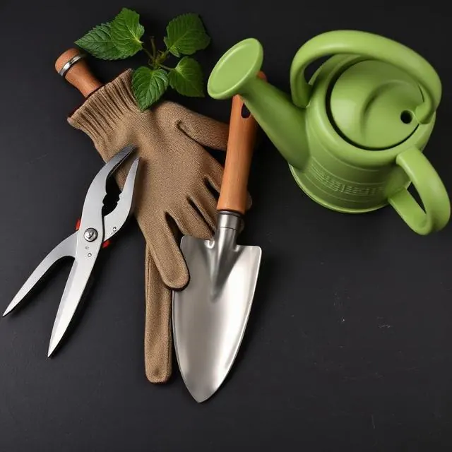 Tesoura de poda, pá, luvas e regador de jardinagem